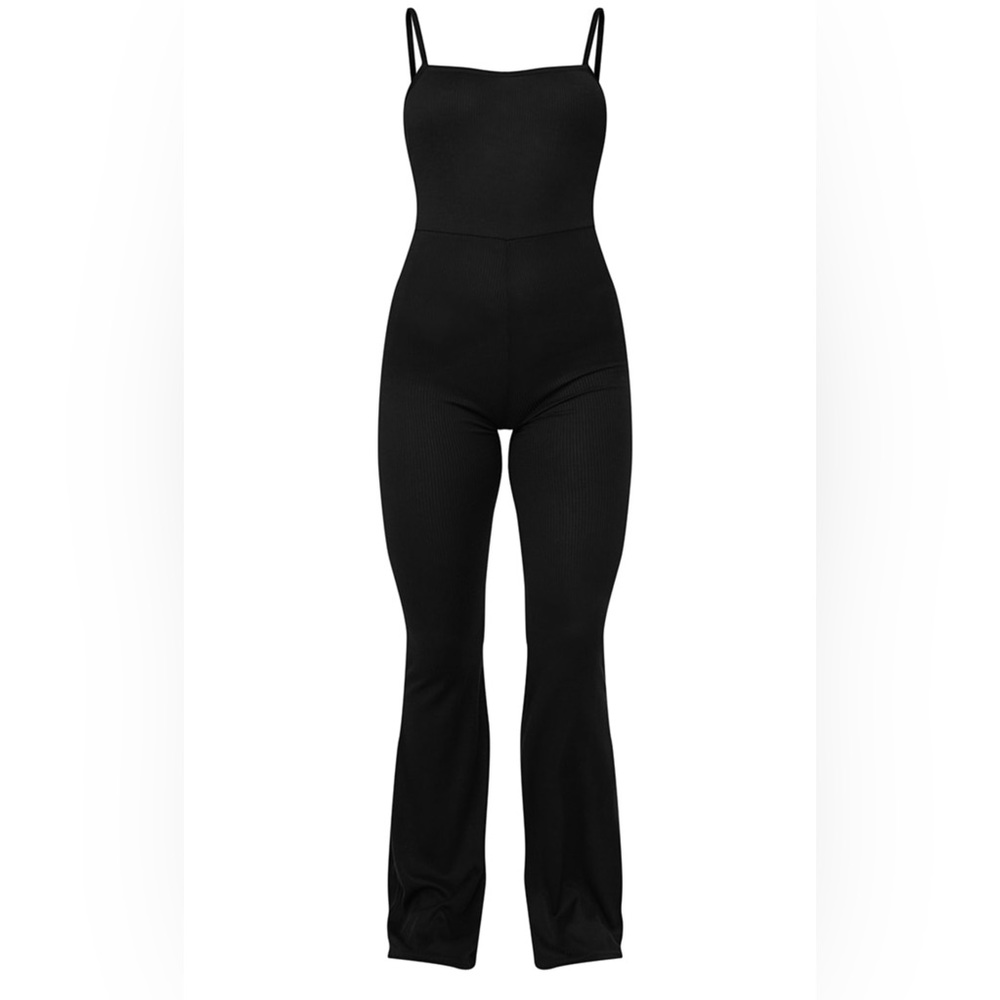 PrettyLittleThing Black Ribbed Flared Jumpsuit
